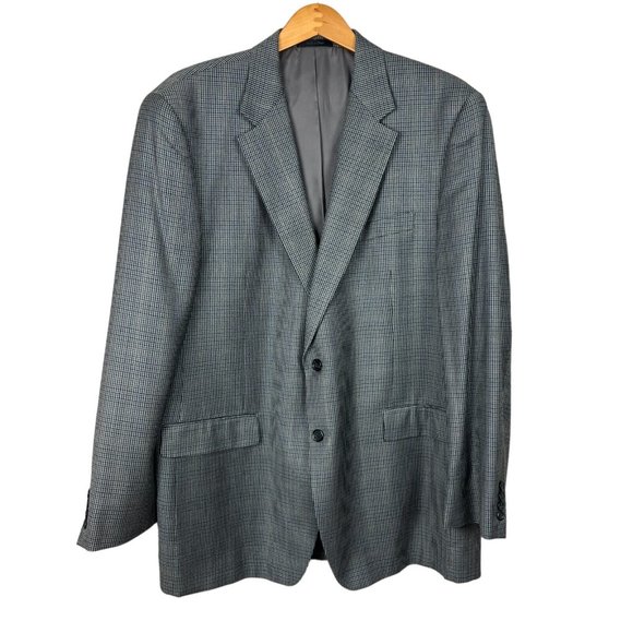 Chaps Sport Coat Blazer Jacket Mens 46L Gray Navy Houndstooth 2-Button Wool Silk - Picture 1 of 16